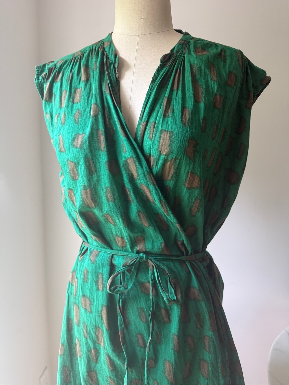 Green Printed Tie-Waist Midi Dress